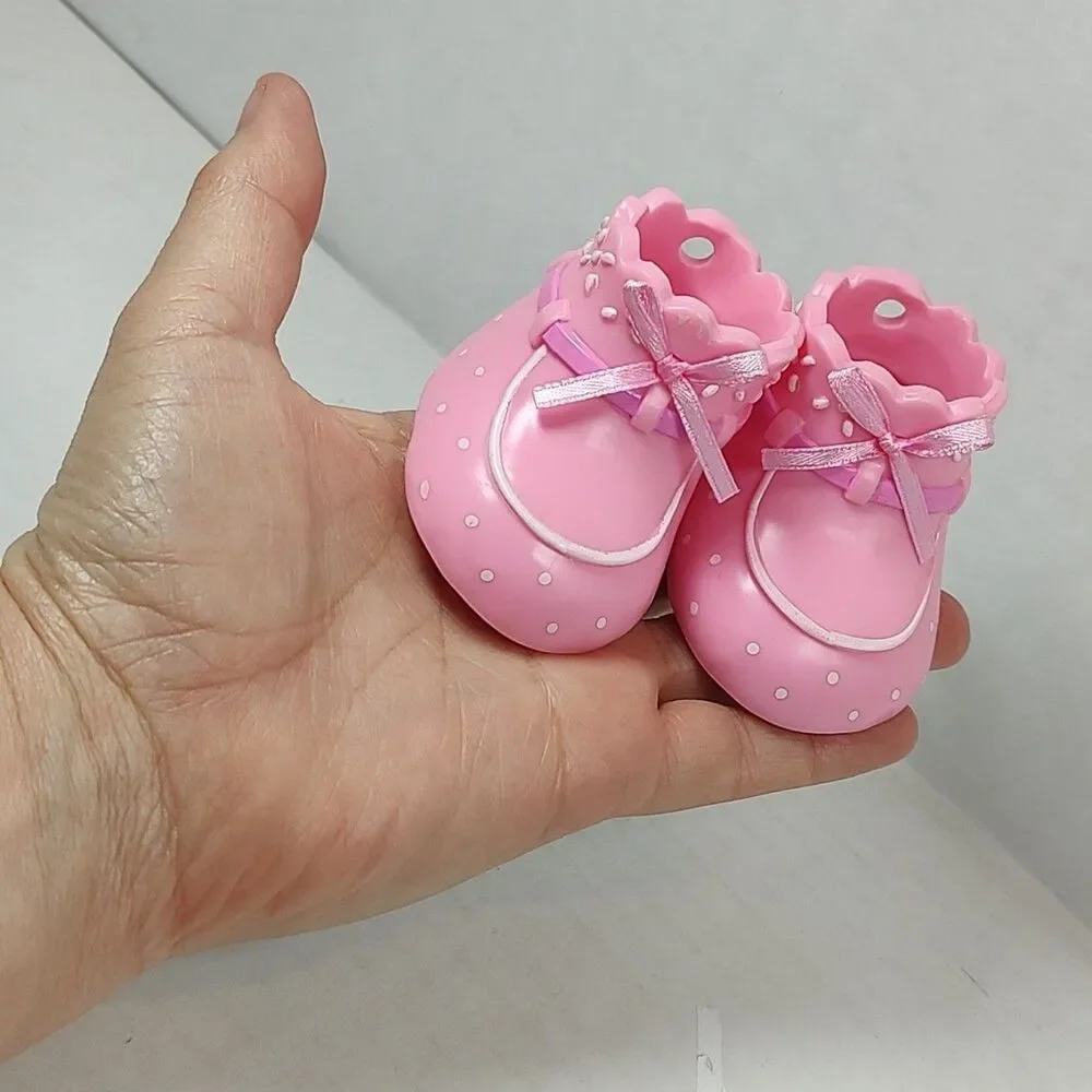 2 Pink Polka Dot Bow Baby Keepsake Shoes Cake Topper Gift Tag 2.75